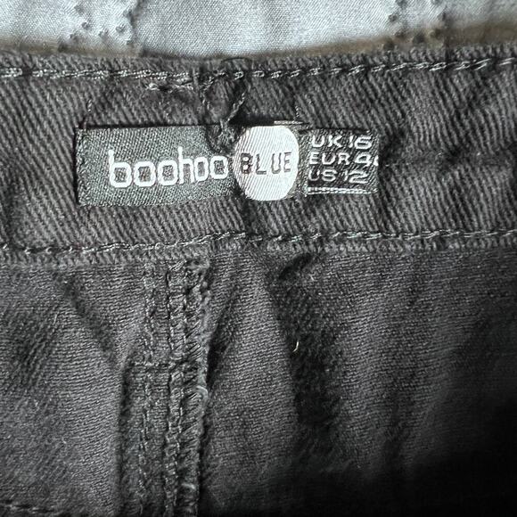 ✨Boohoo Blue Women’s Black Distressed Denim Skirt Size 12 US Raw Hem Mini NWT - Picture 4 of 7